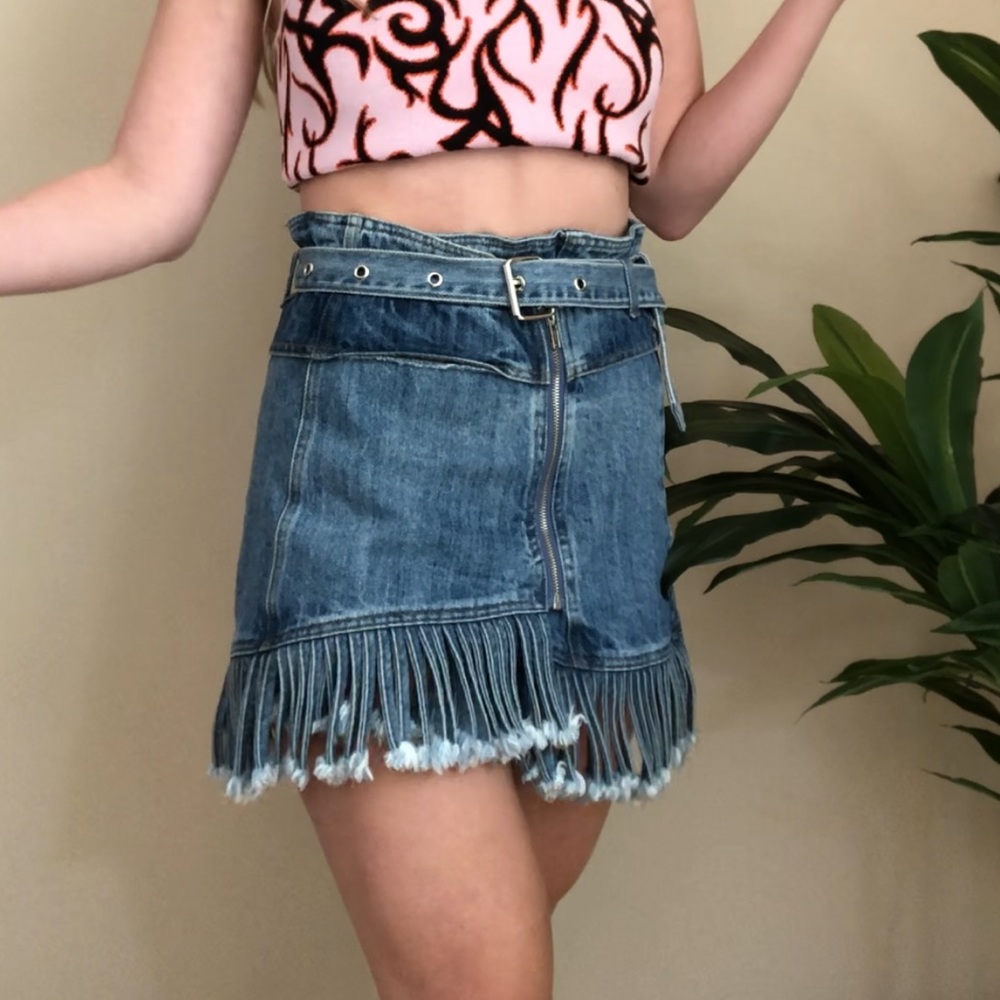 SOLD!! Belted Fringe Jean Skirt